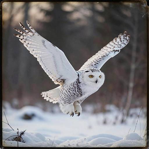 Photograph of a snowy owl with white and black speckled feathers, yellow eyes, and outstretched wings, flying over a snowy forest.