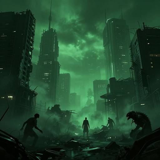 Cyberpunk cityscape at night, green-lit sky, silhouetted figures amidst ruined buildings, smoke, and debris. Digital art with