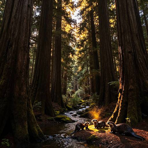 Otters by Creek in Redwood Forest at Golden Hour