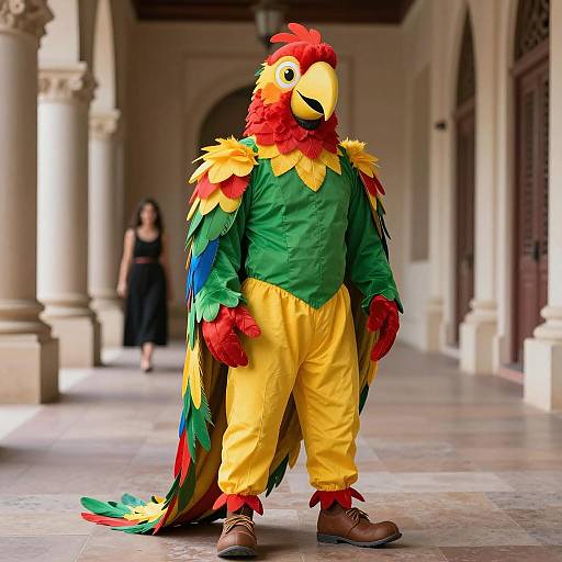 Man in Colorful Parrot Costume in Grand Hallway