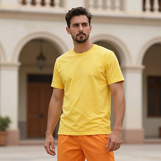 Photograph of a handsome, bearded man with dark hair wearing a bright yellow t-shirt and orange pants, standing in front of a white, ar