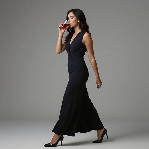 Photograph of a confident woman with long black hair, wearing a sleeveless black gown and black heels, sipping red wine against a gray background.