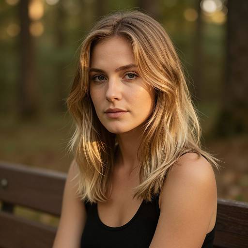 Photograph of a blonde woman with wavy hair, wearing a black tank top, sitting on a wooden bench in a forest, sunlight filtering through trees