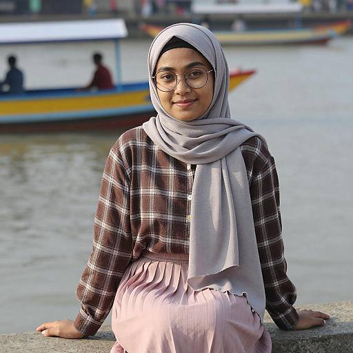 Young Woman by River in Casual Attire