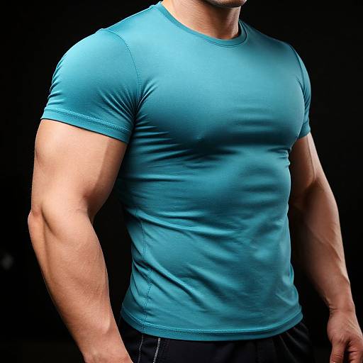 Photograph of a muscular, light-skinned man in a tight, blue, short-sleeve t-shirt, with visible biceps, against a