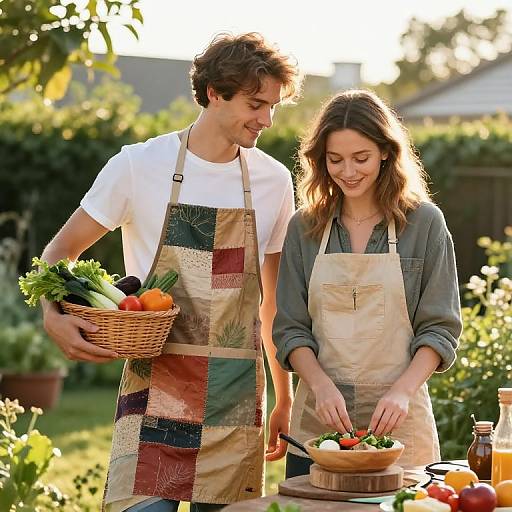 Photograph of a smiling young couple in aprons, gardening in a sunny backyard; he holds a basket of vegetables, she slices tomatoes at a wooden