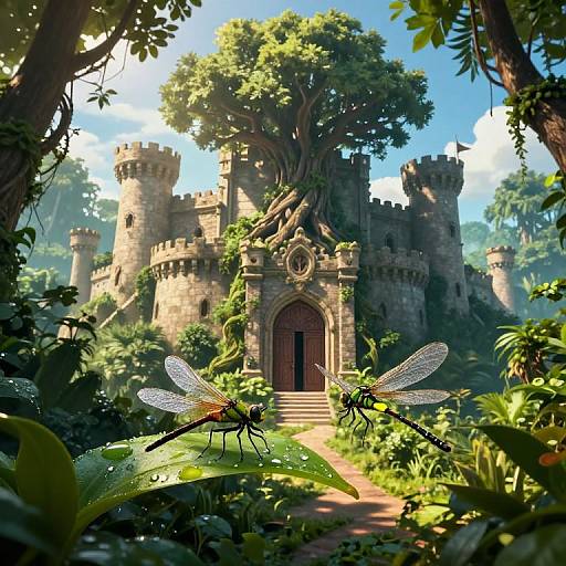 Photorealistic digital art: Enchanted castle with turrets, overgrown with lush greenery, and two delicate dragonflies on a sunlit