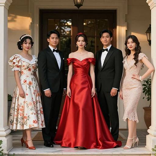 Photograph of five Asian adults in formal attire: two men in black tuxedos, two women in elegant dresses (one floral, one red