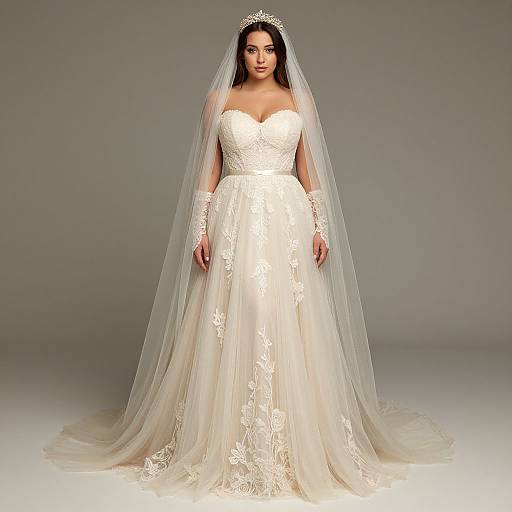 Photograph of a Latina bride with long dark hair, wearing a strapless white lace wedding gown, tiara, and long veil, against a gray