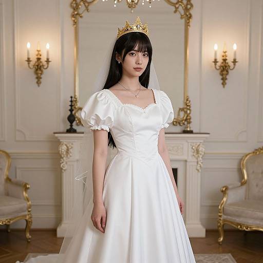 Photograph of an East Asian woman in a white, puffed-sleeve wedding gown with a gold tiara, standing in an ornate,