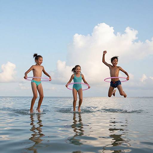 Photograph of three children, two girls and one boy, joyfully jumping in shallow water with pink hula hoops, wearing swimsuits, against a