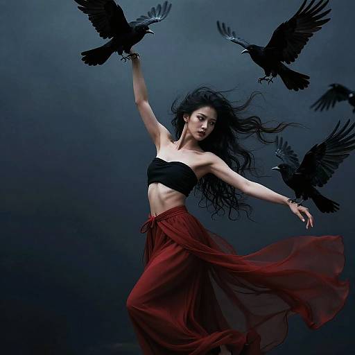 Photograph of a pale-skinned, long-black-haired woman in a black strapless top and flowing red skirt, dancing with four black crows in