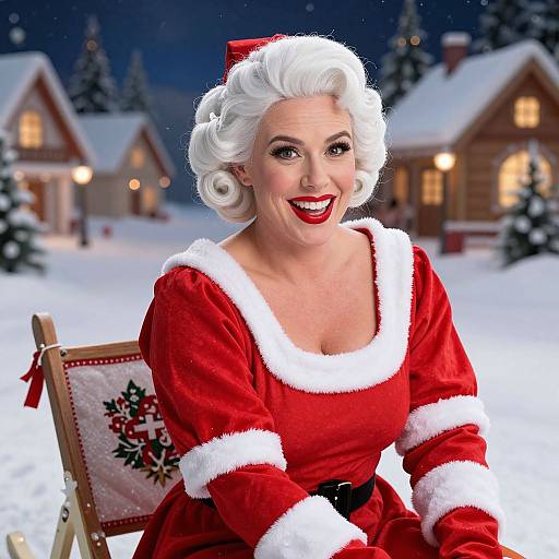 Photograph-style digital illustration of a smiling, white-haired woman in a red Santa dress with white trim, sitting on a wooden chair in a snowy,