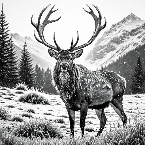Majestic Stag in Snowy Alpine Meadow
