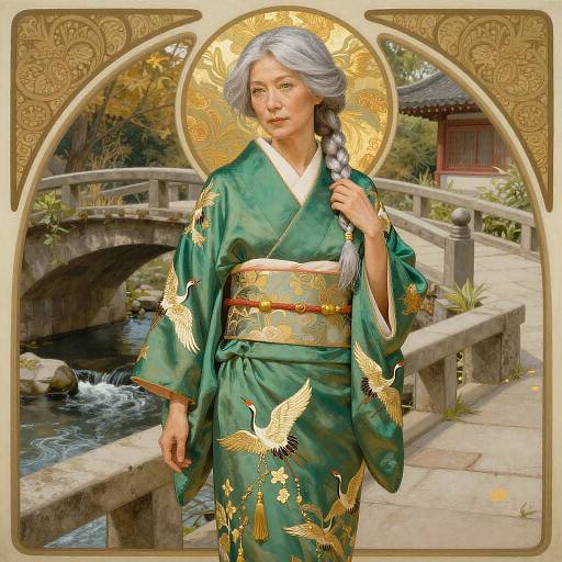 Elegant Art Nouveau Lady on Bridge