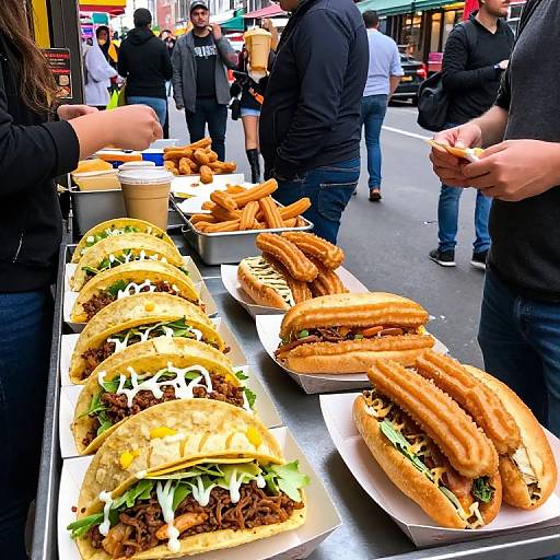 Photograph of a street food truck with large, stacked beef burgers and fries, people in black clothing standing and waiting.