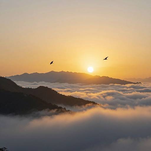 Sunset over misty mountain range, two birds flying, orange sky, silhouetted hills, and fluffy white clouds below. Photographic landscape