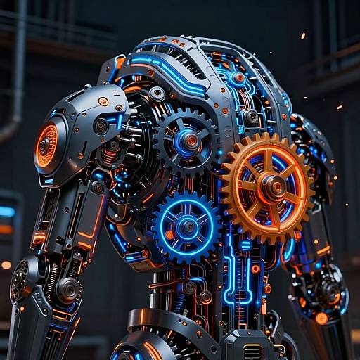 Photorealistic CGI of a futuristic, robotic humanoid with intricate blue, orange, and silver gears, cables, and glowing circuits in a dark industrial background