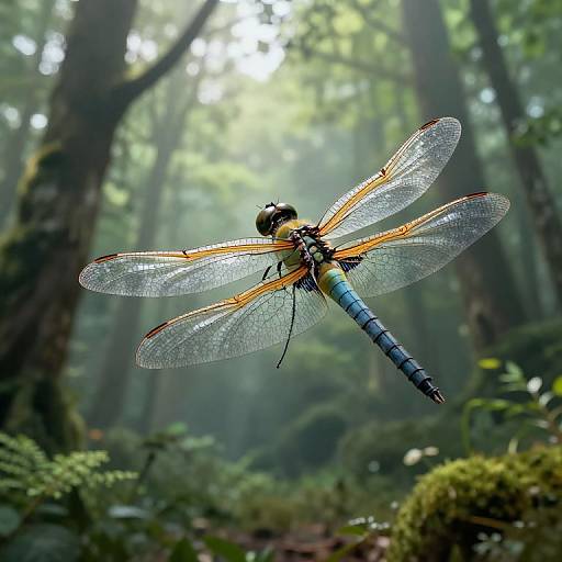 Photograph of a vibrant blue and yellow dragonfly with translucent wings, flying in a misty, sunlit forest filled with greenery.
