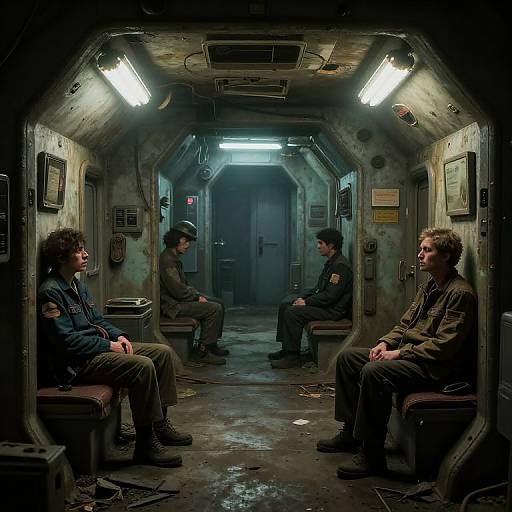 Photograph of four men in military uniforms, seated in a dimly lit, grimy, narrow submarine-like room with fluorescent lights.