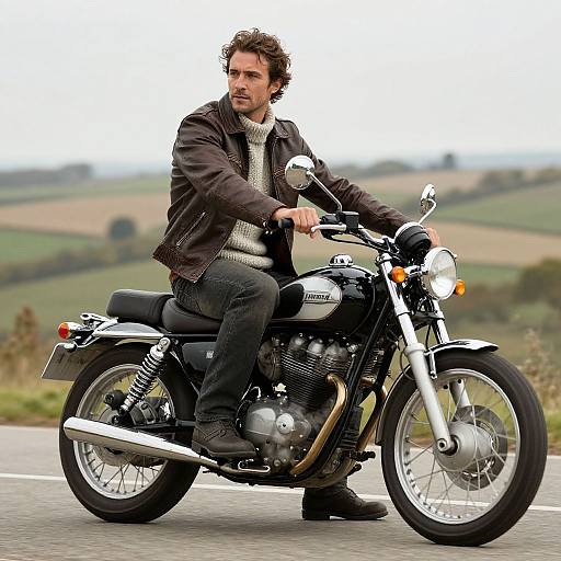 Photograph of a curly-haired, bearded man in a brown jacket and sweater, sitting on a black Triumph motorcycle on a rural road.