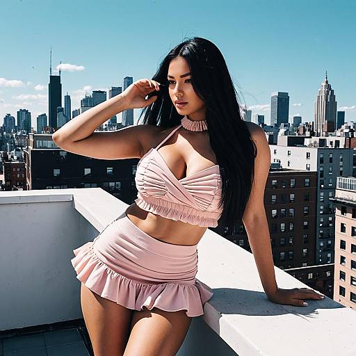 Woman in Pastel Pink Outfit on Rooftop Terrace