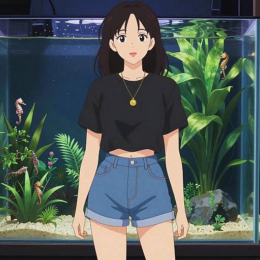 Chic Woman in Vibrant Seahorse Aquarium