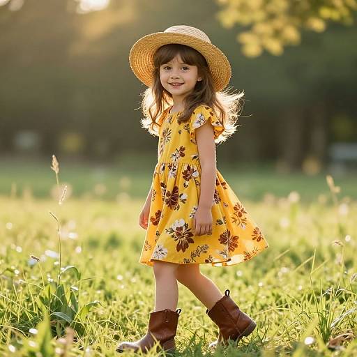 Photograph of a smiling young girl in a yellow floral dress, straw hat, and brown boots, walking through a sunlit grassy field.