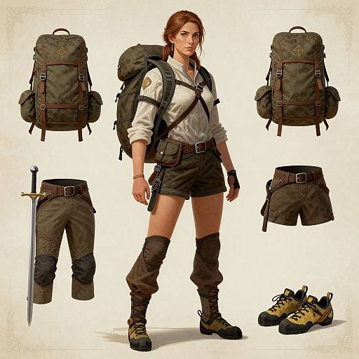 Digital illustration of a brown-haired woman in adventurer gear: white shirt, black shorts, knee-high socks, combat boots, backpack, sword, and various