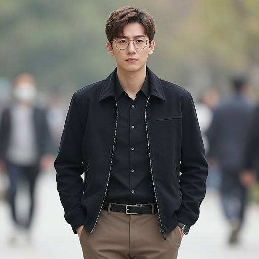 Photograph of a young Asian man with glasses, short dark hair, wearing a black jacket, black shirt, beige pants, hands in pockets, standing