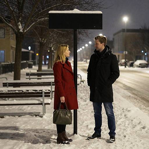Snowy Night Scene with Couples