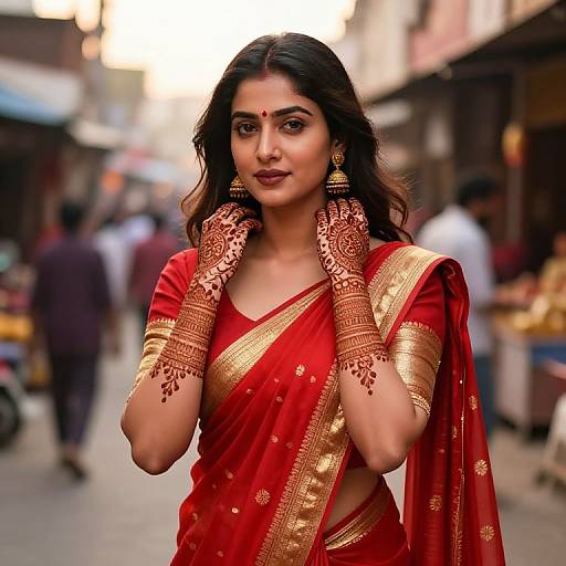 Photograph of a beautiful Indian woman with long black hair, in a red and gold traditional saree and henna-adorned hands, standing confidently