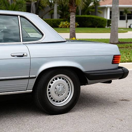 Photograph of a silver vintage sedan's rear quarter, showing silver wheel, black tire, and red tail light. Background includes palm trees and suburban house