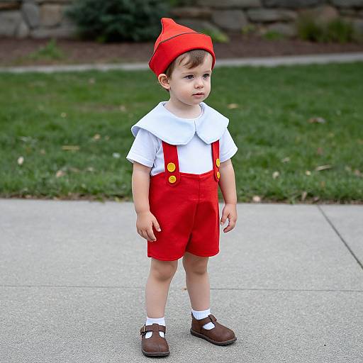 Photograph of a young boy in a red elf hat, white shirt, red shorts, brown shoes, and white socks, standing on a concrete path
