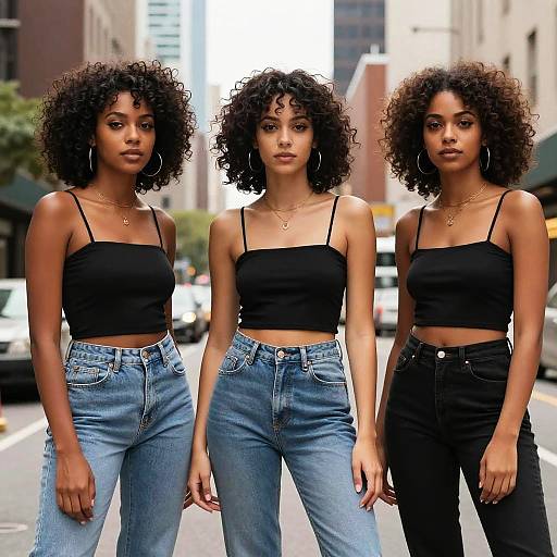 Photograph of three Black women with curly hair, wearing black crop tops and high-waisted jeans, standing confidently on a city street. Urban background