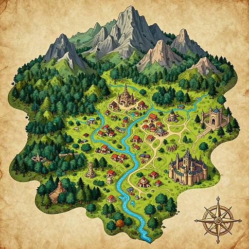 Colorful digital illustration of a village nestled in a lush mountain valley with a winding river, surrounded by forests and houses, featuring a compass in the bottom