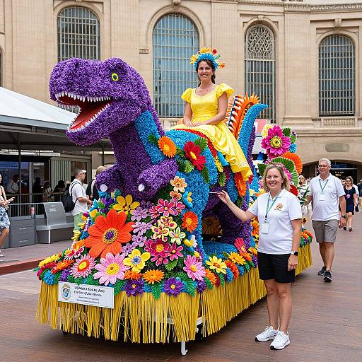 Photograph of a colorful parade float with a purple dinosaur sculpture, floral decorations, and a woman in yellow dress, led by a smiling woman in white