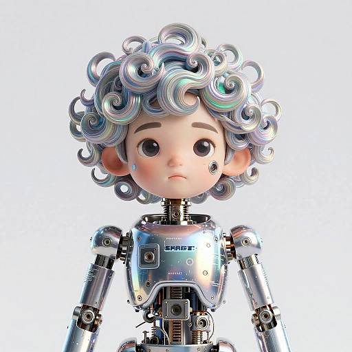 Futuristic Android Child with Curly Holographic Hair