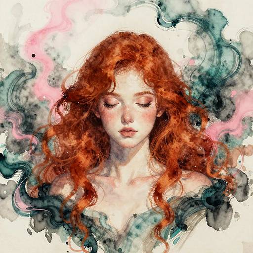 Red-haired Woman with Closed Eyes in Watercolor Style