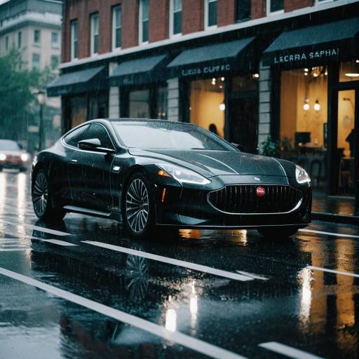 Luxury Hybrid Electric Coupe on Rainy City Street