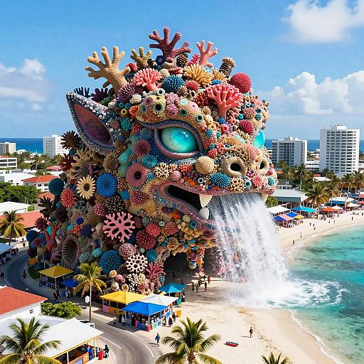 Photograph of a colorful, giant, sea-themed, gear-covered sculpture with a waterfall, situated on a sunny beach with palm trees, umbrellas,
