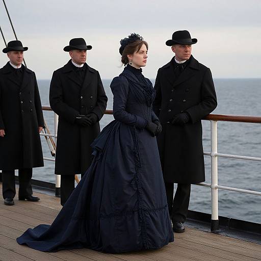 Photograph of a Victorian-era woman in black dress and hat, standing on ship deck with three men in black coats and hats. Ocean background. Formal