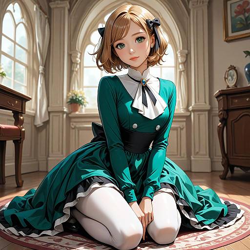 Anime-style digital illustration of a cute, blonde girl with green eyes, wearing a teal dress with white collar and black bow, kneeling on a patterned