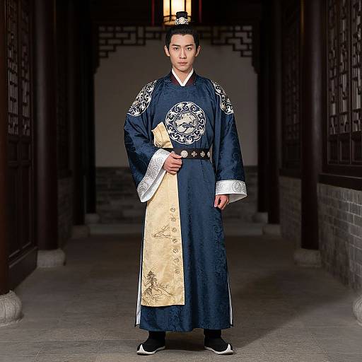 Photograph of an Asian man in traditional Korean hanbok, dark navy blue with intricate white embroidery, golden panel, standing in dimly lit stone