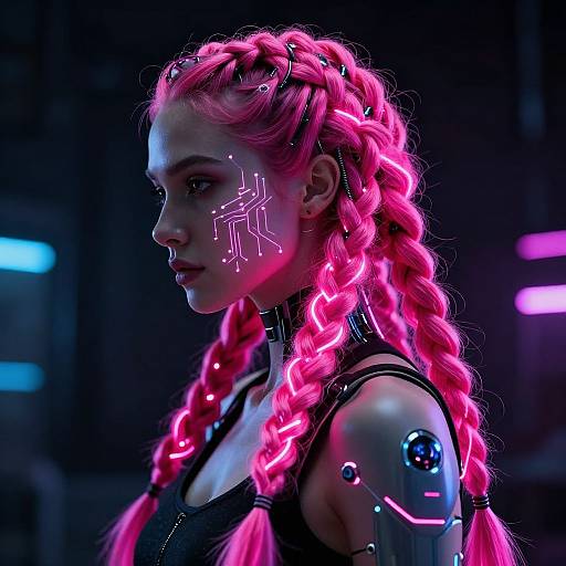 Cyberpunk portrait of a woman with neon pink braids, glowing circuit patterns on her face and arm, illuminated by blue and pink lights. Phot