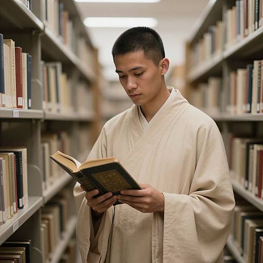 Photograph of a young Asian man with short black hair, wearing a cream-colored robe, reading a book in a library aisle.