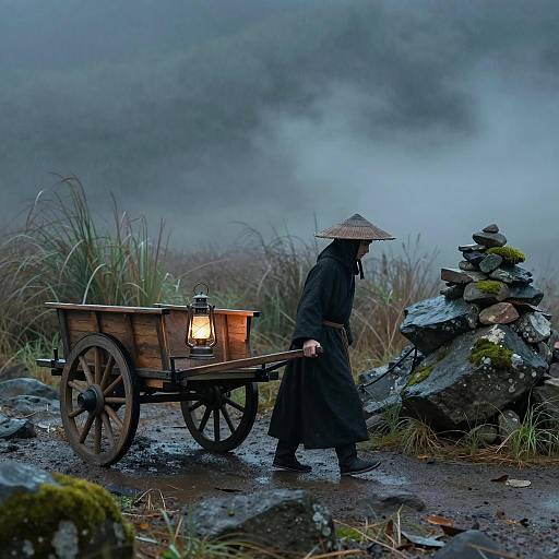 Figure in Black Robe Pushing Wooden Cart in Misty Landscape