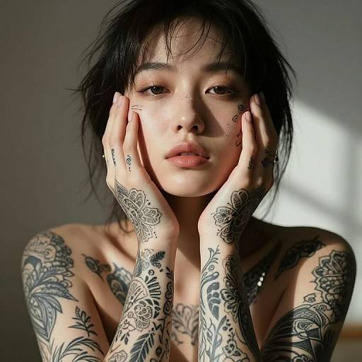 Photograph of a topless Asian woman with short black hair, numerous intricate black tattoos on her arms and chest, and soft natural light highlighting her face