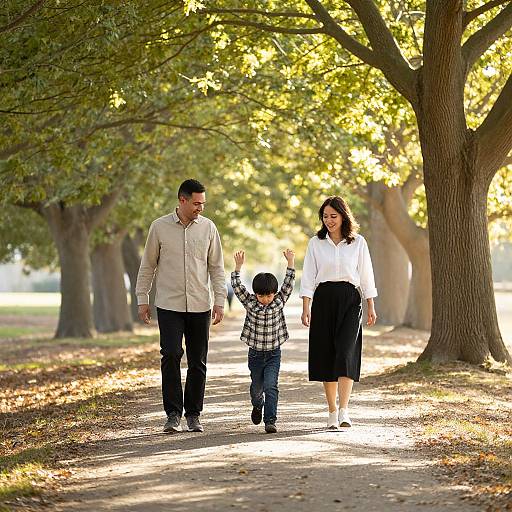 Photograph of a Caucasian family: father in beige shirt, mother in white blouse and black skirt, son in plaid shirt, walking on sunlit
