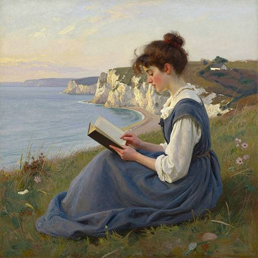 Realistic painting of a fair-skinned woman with brown hair in a bun, wearing a blue dress and white blouse, reading on a grassy cliff